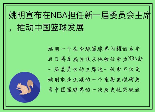 姚明宣布在NBA担任新一届委员会主席，推动中国篮球发展